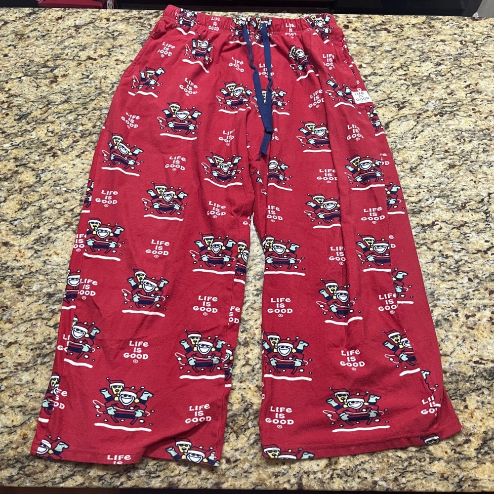 Life is Good Womens Red Santa Skiing Fleece Pajama Pants Large Holiday Lounge